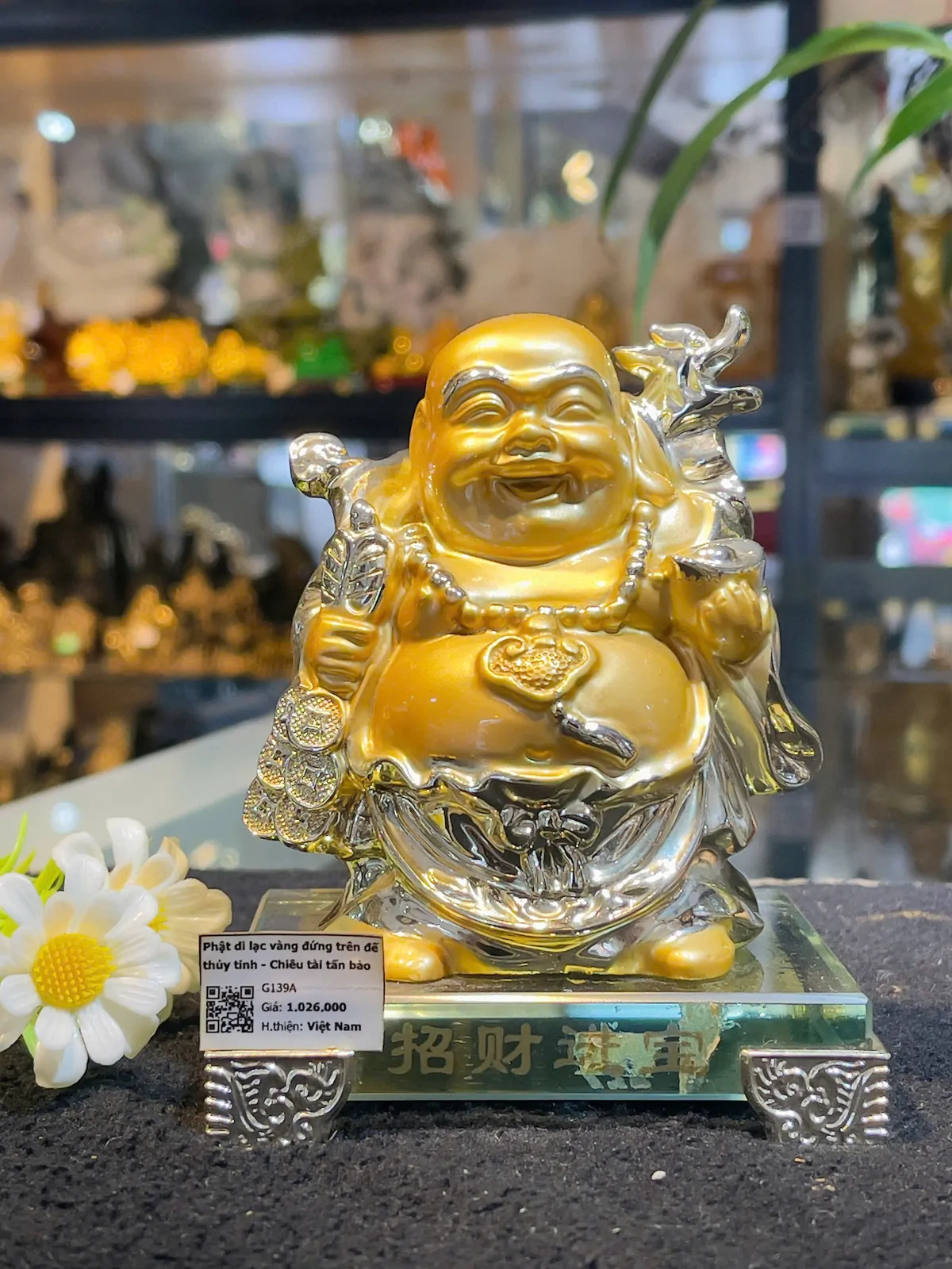 Phật di lạc vàng đứng trên đế thủy tinh - Chiêu tài tấn bảo G139A