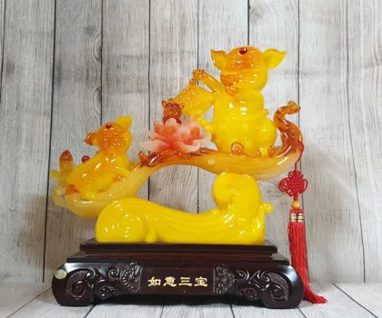 Hoàng gia heo vàng ngọc trên gậy như ý sóng vàng - Như Ý Tam Bảo FLN012