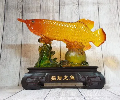 Thần cá kim long cam ngọc lưu ly trên túi kim bảo lá sen đế gỗ lớn - Chiêu Tài Long Ngư FLN166