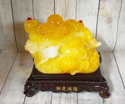 Phật di lạc cam vàng ngọc vác như ý có hồng châu trên túi tài lộc khủng - Như Ý Hồng Phước FLN187
