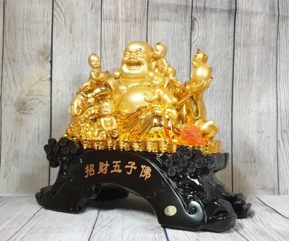 Phật di lạc vàng bóng bên ngũ đồng tử trên túi tài lộc và đống tiền vàng - Chiêu Tài Ngũ Tử Phật LN188